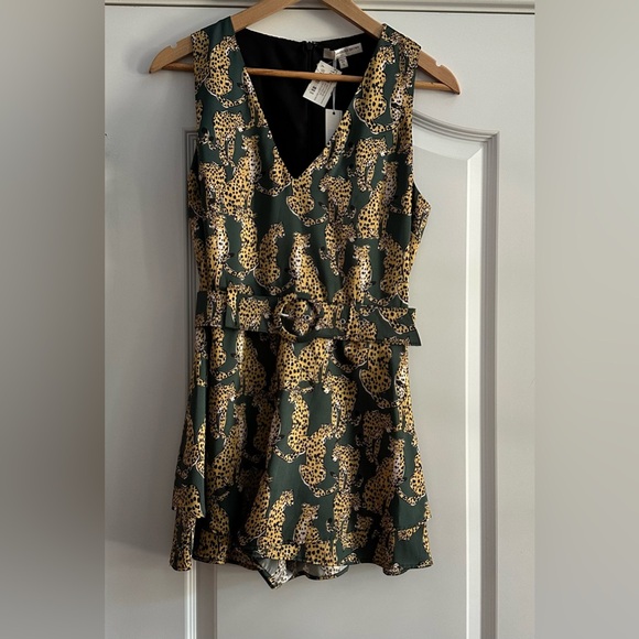 Lavender Brown silky Leopard print and green belted romper - Picture 1 of 8